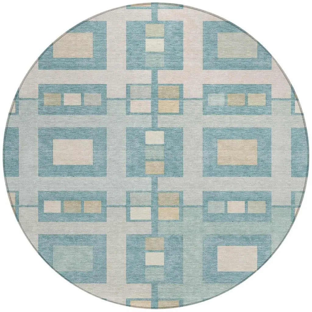 8' Teal Blue And Silver Round Geometric Washable Indoor Outdoor Area Rug Homeroots Outdoor