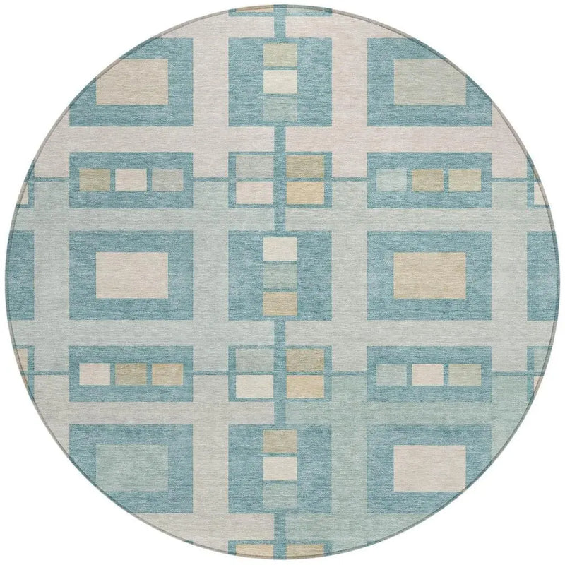 8' Teal Blue And Silver Round Geometric Washable Indoor Outdoor Area Rug Homeroots Outdoor