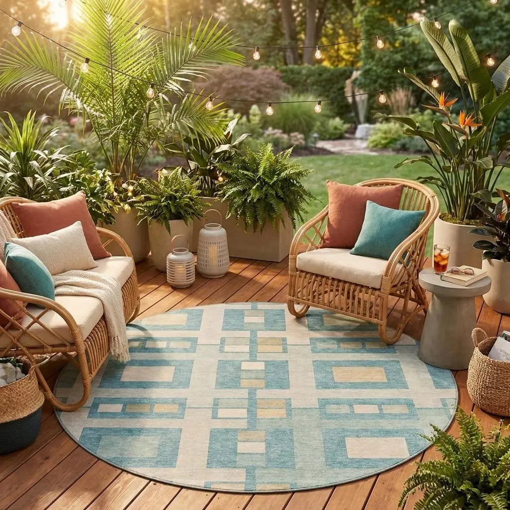 8' Teal Blue And Silver Round Geometric Washable Indoor Outdoor Area Rug Homeroots Outdoor