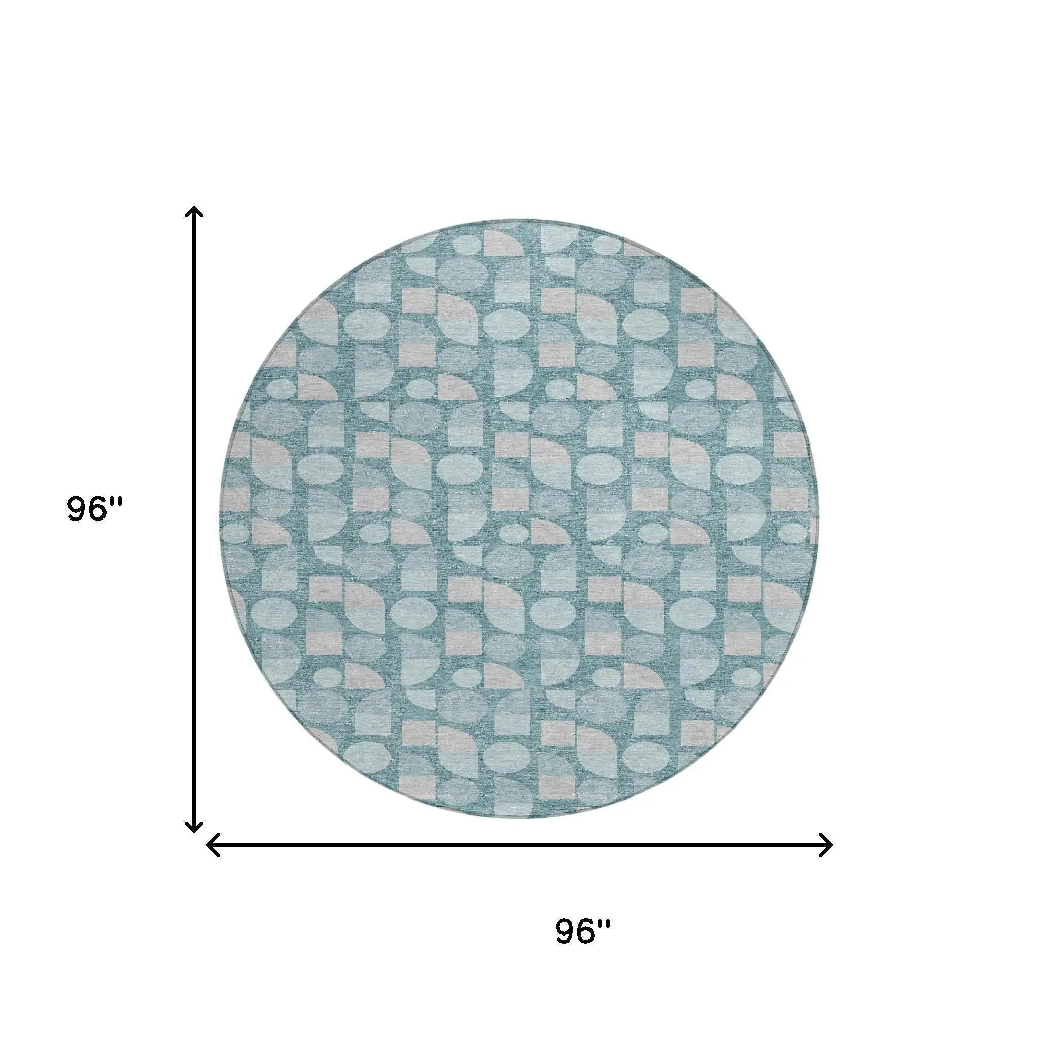 8' Teal Blue And Silver Round Geometric Washable Indoor Outdoor Area Rug Homeroots Outdoor