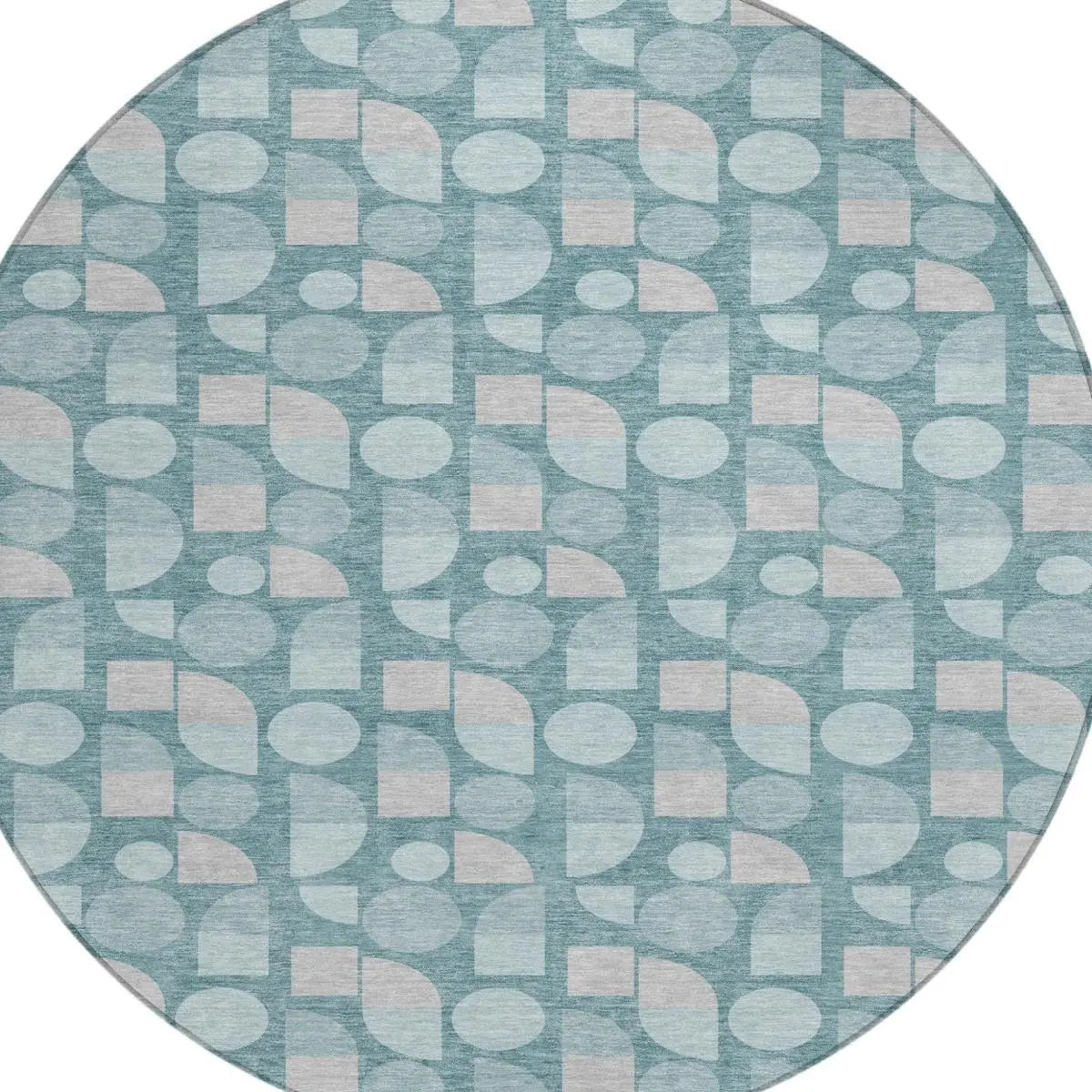 8' Teal Blue And Silver Round Geometric Washable Indoor Outdoor Area Rug Homeroots Outdoor