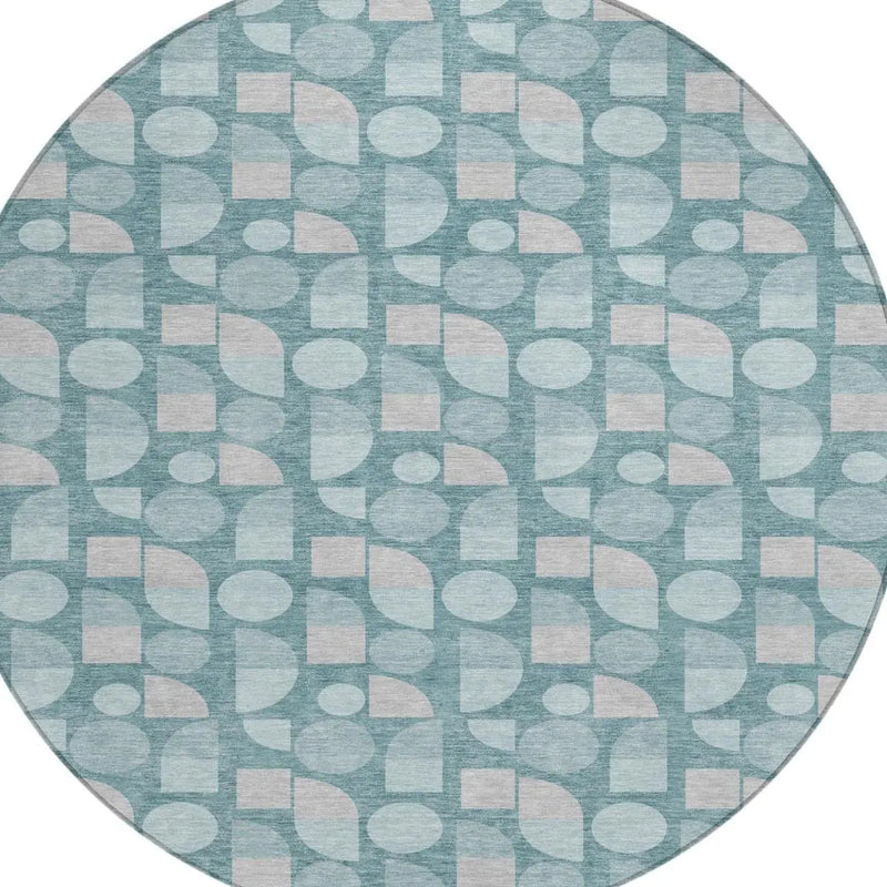 8' Teal Blue And Silver Round Geometric Washable Indoor Outdoor Area Rug Homeroots Outdoor