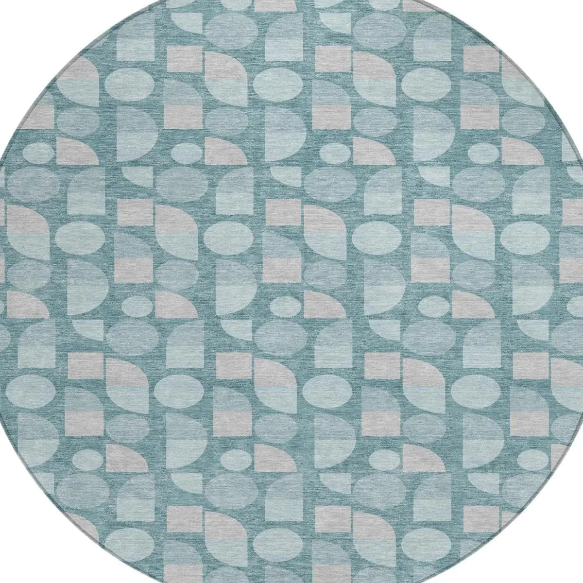8' Teal Blue And Silver Round Geometric Washable Indoor Outdoor Area Rug Homeroots Outdoor