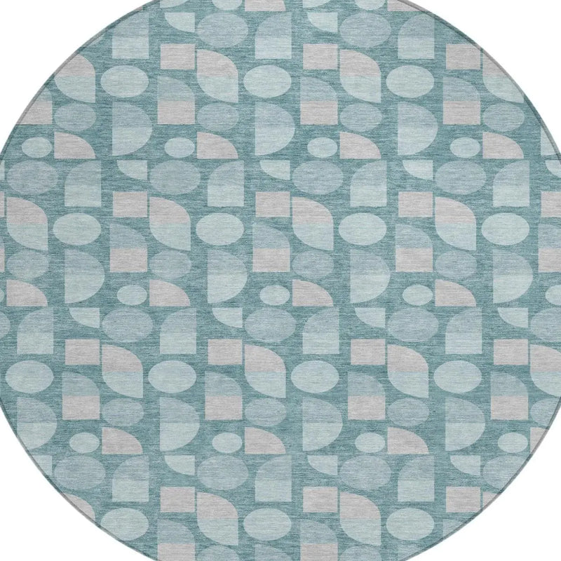 8' Teal Blue And Silver Round Geometric Washable Indoor Outdoor Area Rug Homeroots Outdoor