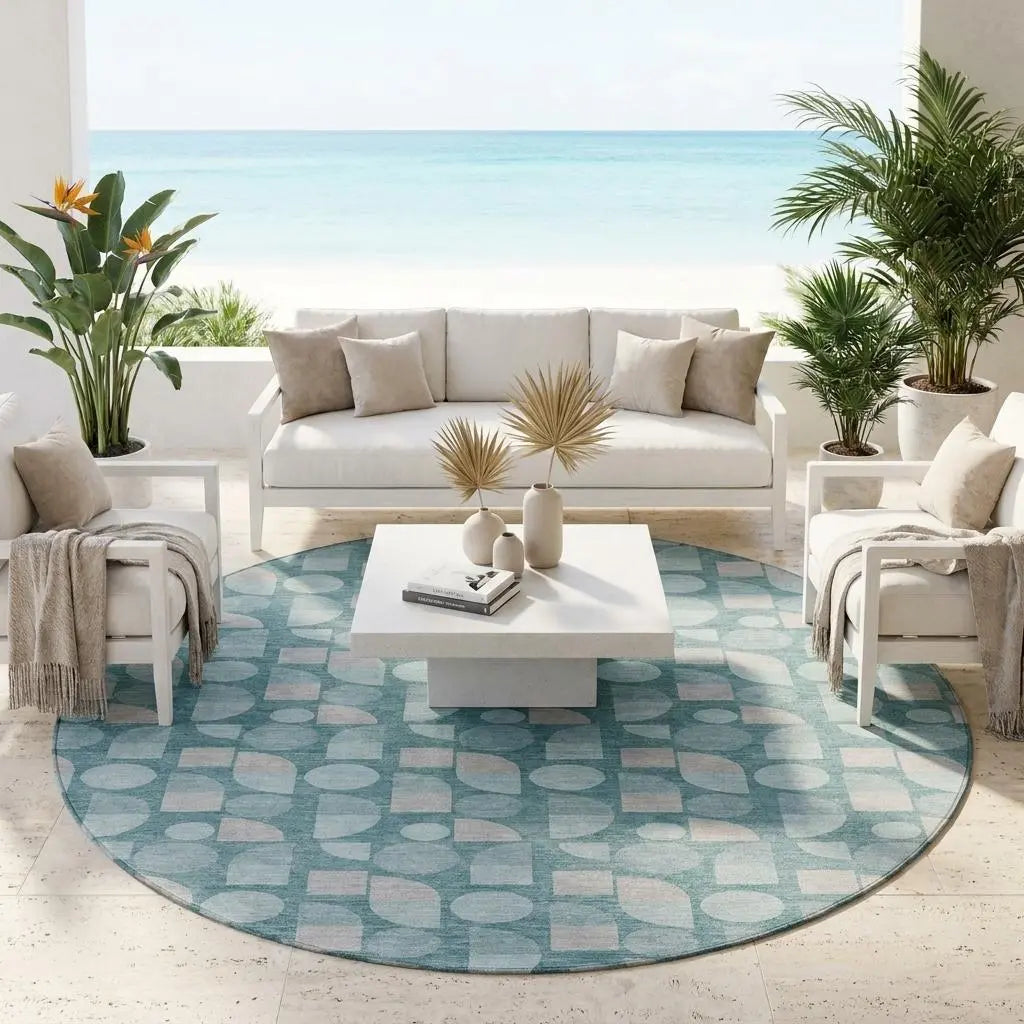 8' Teal Blue And Silver Round Geometric Washable Indoor Outdoor Area Rug Homeroots Outdoor