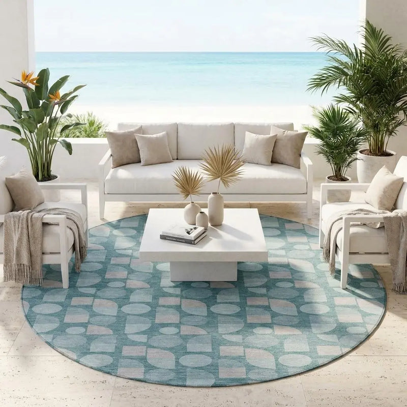 8' Teal Blue And Silver Round Geometric Washable Indoor Outdoor Area Rug Homeroots Outdoor