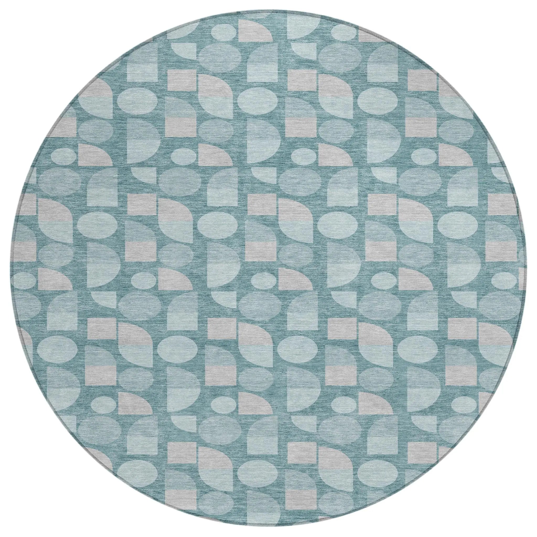 8' Teal Blue And Silver Round Geometric Washable Indoor Outdoor Area Rug Homeroots Outdoor