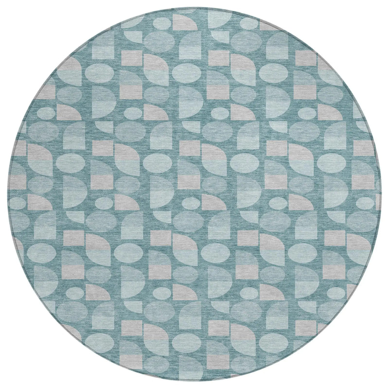 8' Teal Blue And Silver Round Geometric Washable Indoor Outdoor Area Rug Homeroots Outdoor
