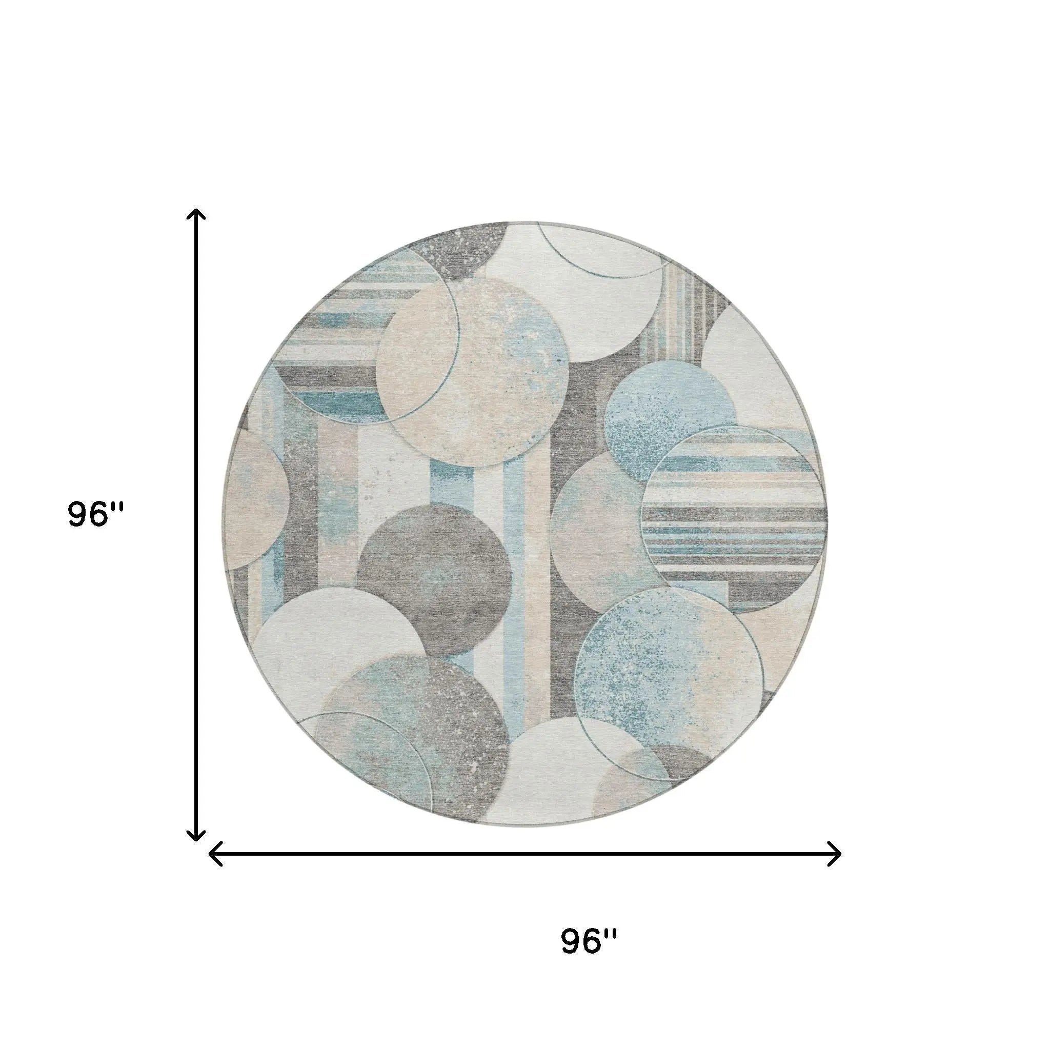 8' Teal Blue And Silver Round Geometric Washable Indoor Outdoor Area Rug Homeroots Outdoor