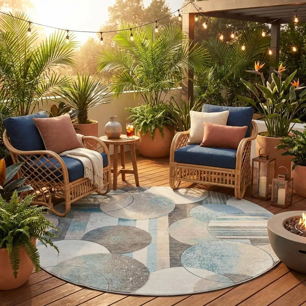 8' Teal Blue And Silver Round Geometric Washable Indoor Outdoor Area Rug Homeroots Outdoor