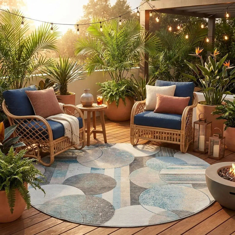 8' Teal Blue And Silver Round Geometric Washable Indoor Outdoor Area Rug Homeroots Outdoor