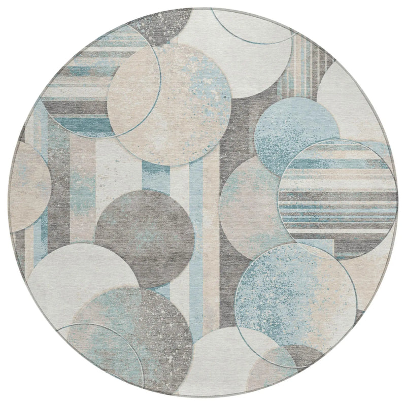 8' Teal Blue And Silver Round Geometric Washable Indoor Outdoor Area Rug Homeroots Outdoor