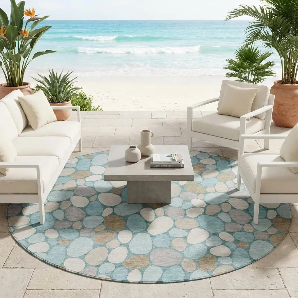 8' Teal Blue And Silver Round Geometric Washable Indoor Outdoor Area Rug Homeroots Outdoor