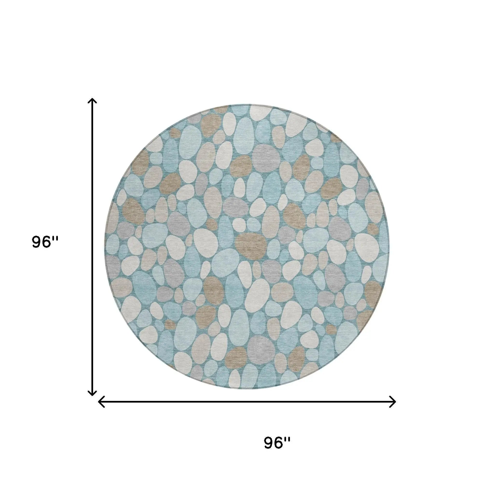8' Teal Blue And Silver Round Geometric Washable Indoor Outdoor Area Rug Homeroots Outdoor