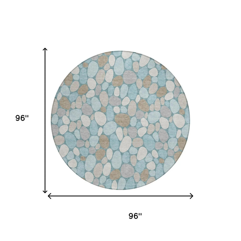 8' Teal Blue And Silver Round Geometric Washable Indoor Outdoor Area Rug Homeroots Outdoor
