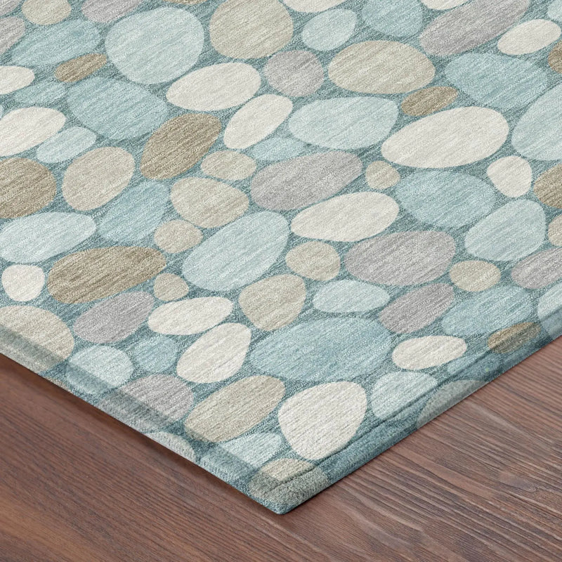 8' Teal Blue And Silver Round Geometric Washable Indoor Outdoor Area Rug Homeroots Outdoor