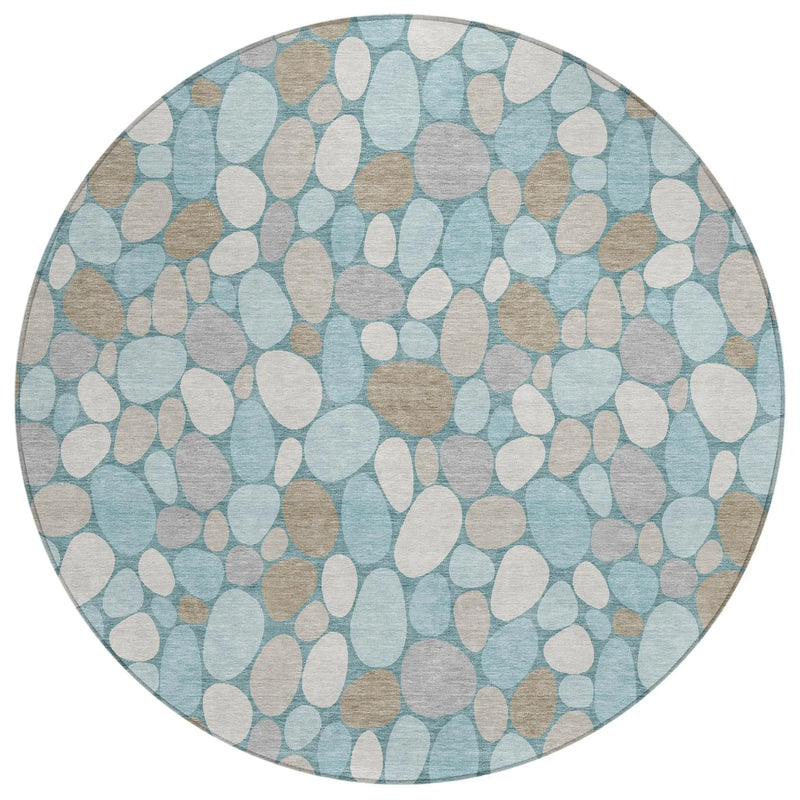 8' Teal Blue And Silver Round Geometric Washable Indoor Outdoor Area Rug Homeroots Outdoor