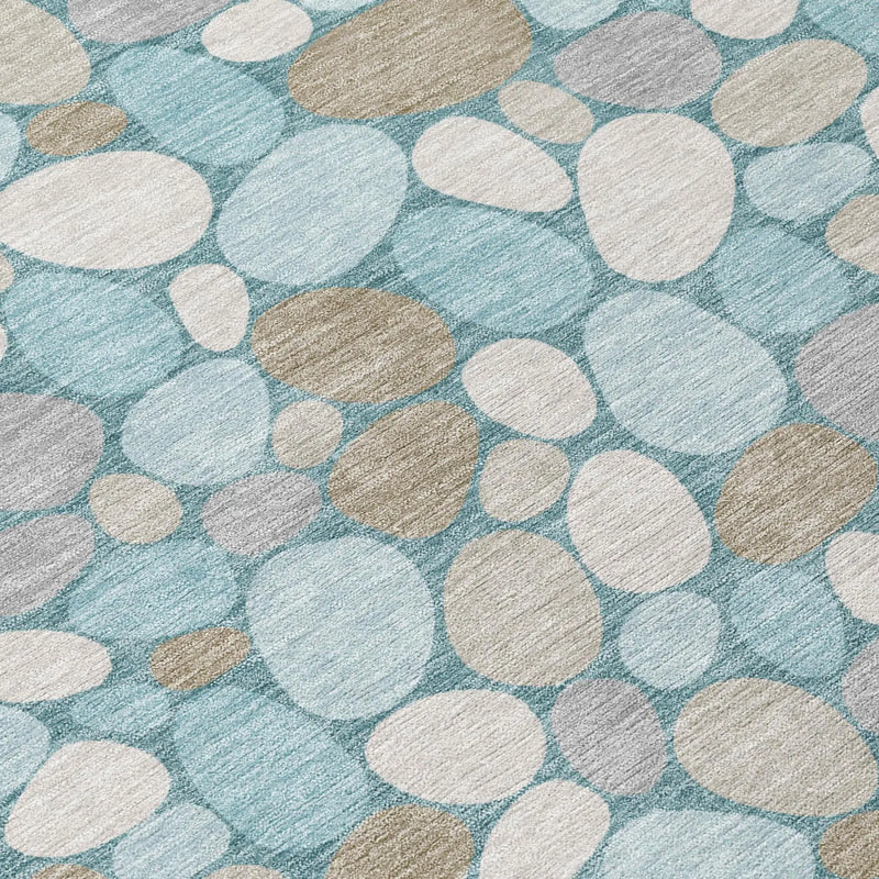 8' Teal Blue And Silver Round Geometric Washable Indoor Outdoor Area Rug Homeroots Outdoor
