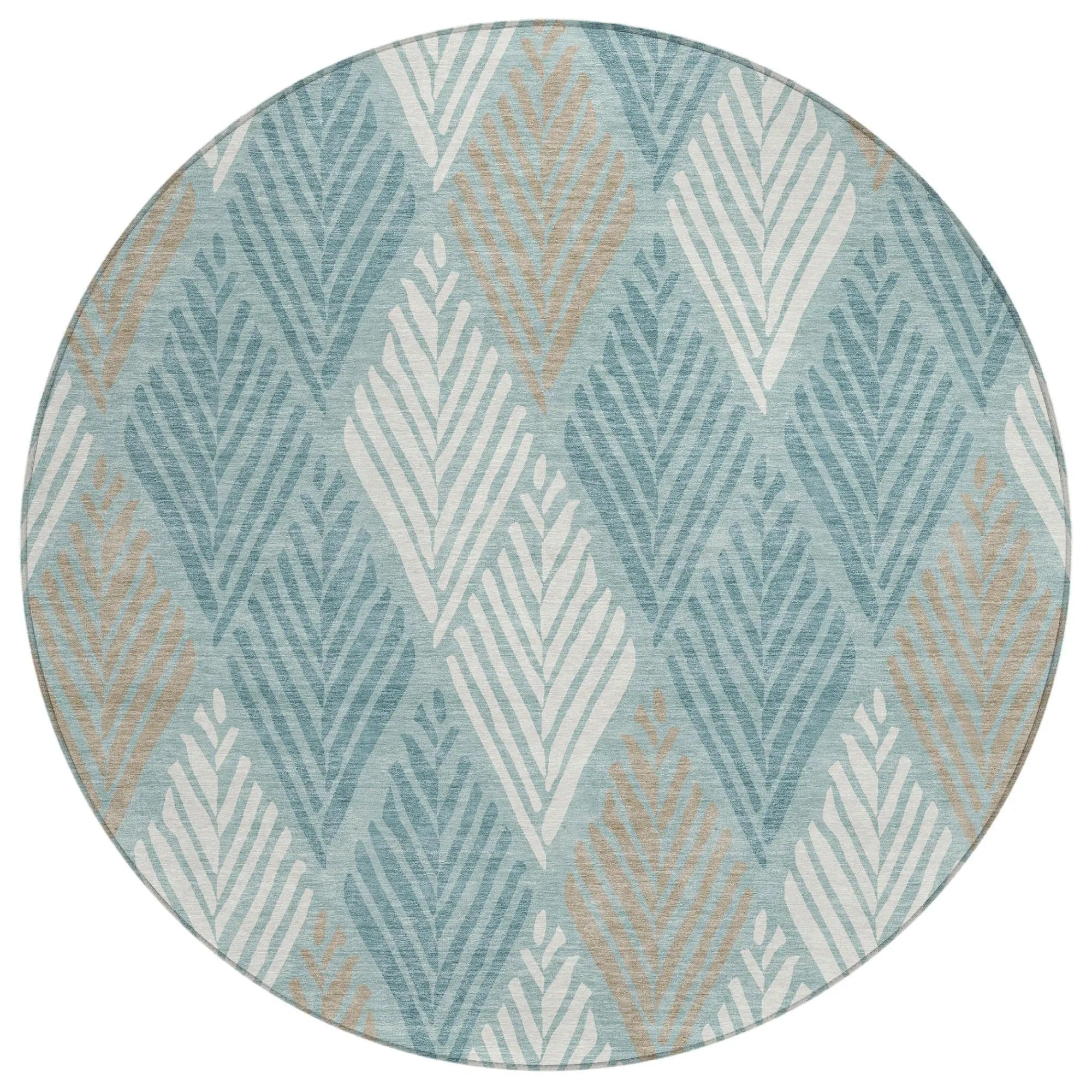 8' Teal Blue And Silver Round Geometric Washable Indoor Outdoor Area Rug Homeroots Outdoor