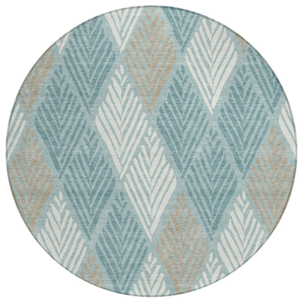 8' Teal Blue And Silver Round Geometric Washable Indoor Outdoor Area Rug Homeroots Outdoor