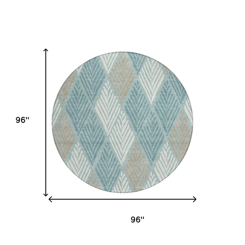 8' Teal Blue And Silver Round Geometric Washable Indoor Outdoor Area Rug Homeroots Outdoor