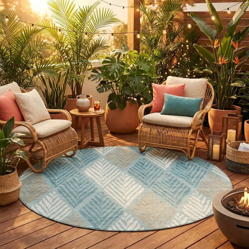 8' Teal Blue And Silver Round Geometric Washable Indoor Outdoor Area Rug Homeroots Outdoor