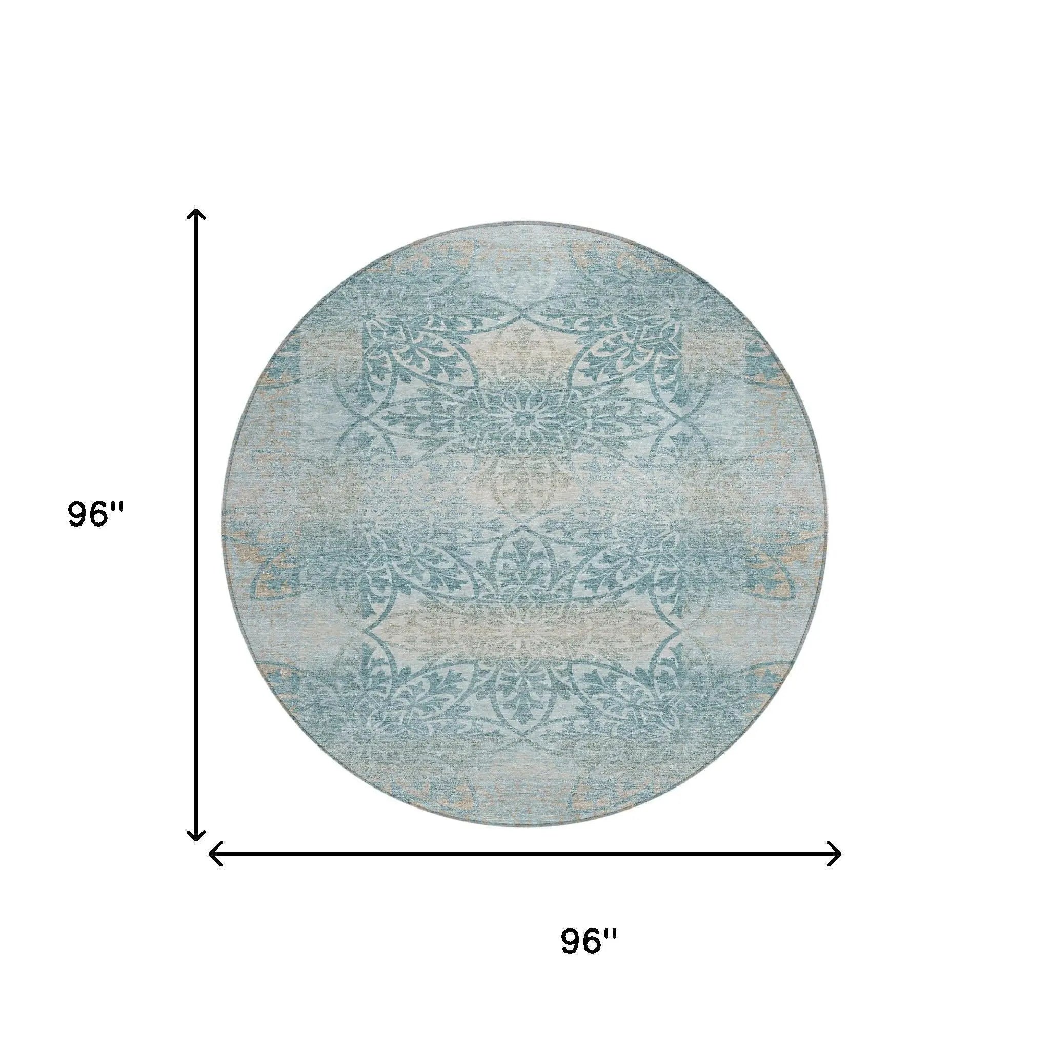 8' Teal Blue And Silver Round Oriental Washable Indoor Outdoor Area Rug Homeroots Outdoor