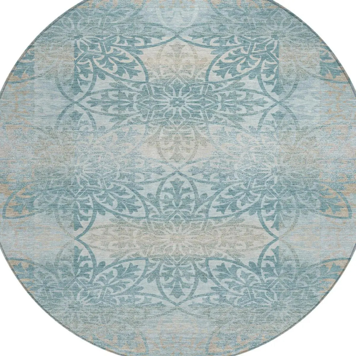 8' Teal Blue And Silver Round Oriental Washable Indoor Outdoor Area Rug Homeroots Outdoor