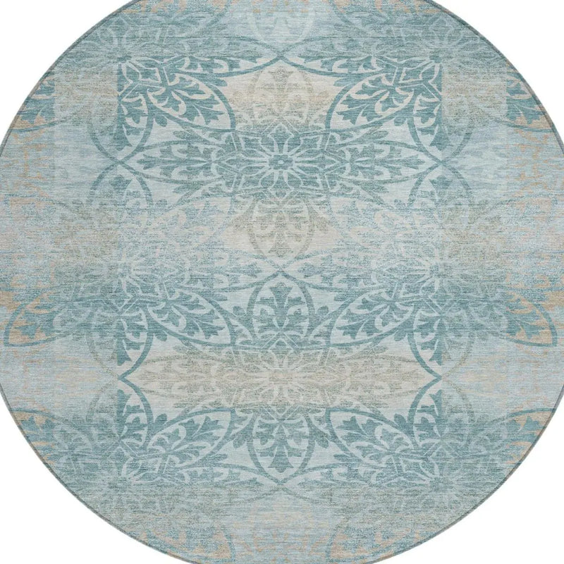 8' Teal Blue And Silver Round Oriental Washable Indoor Outdoor Area Rug Homeroots Outdoor