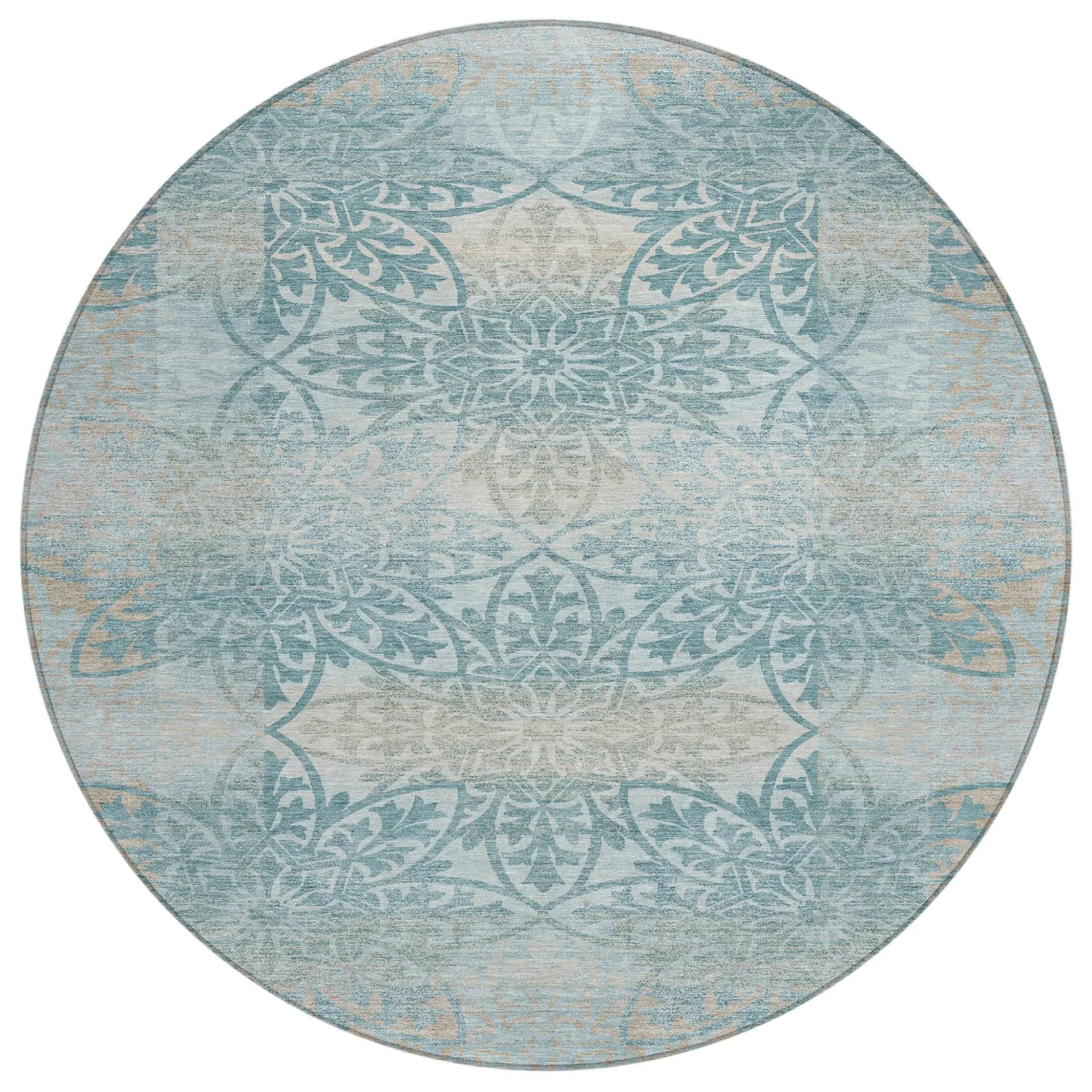 8' Teal Blue And Silver Round Oriental Washable Indoor Outdoor Area Rug Homeroots Outdoor