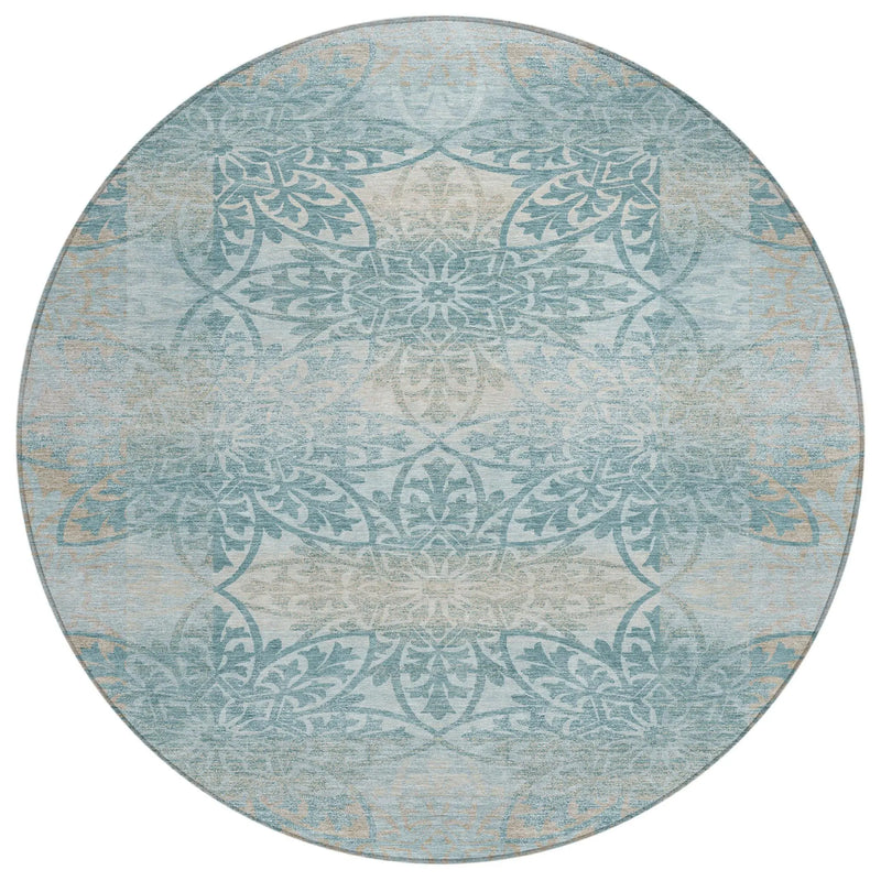 8' Teal Blue And Silver Round Oriental Washable Indoor Outdoor Area Rug Homeroots Outdoor