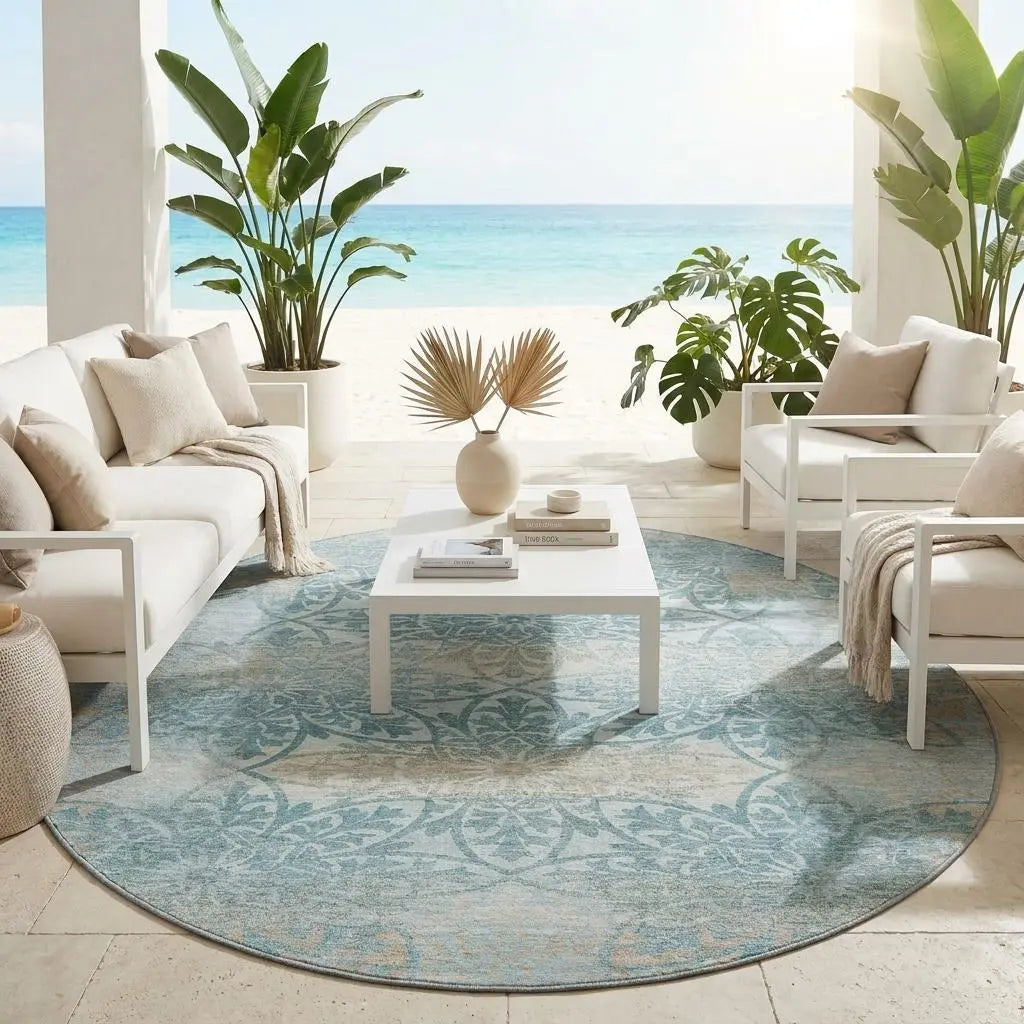 8' Teal Blue And Silver Round Oriental Washable Indoor Outdoor Area Rug Homeroots Outdoor