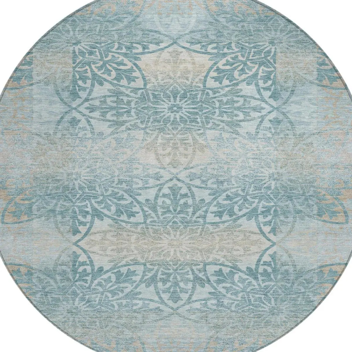 8' Teal Blue And Silver Round Oriental Washable Indoor Outdoor Area Rug Homeroots Outdoor