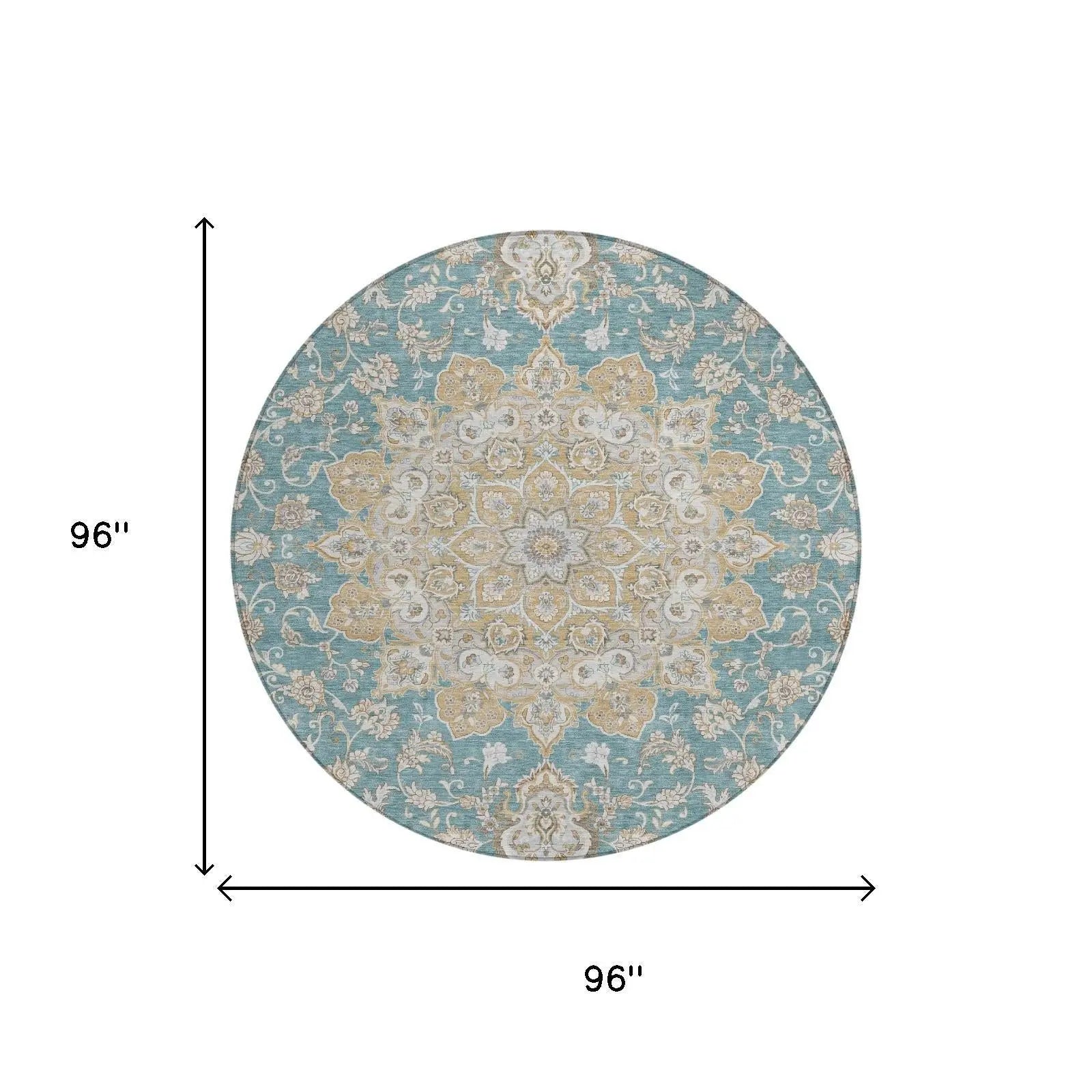 8' Teal Blue And Silver Round Oriental Washable Indoor Outdoor Area Rug Homeroots Outdoor