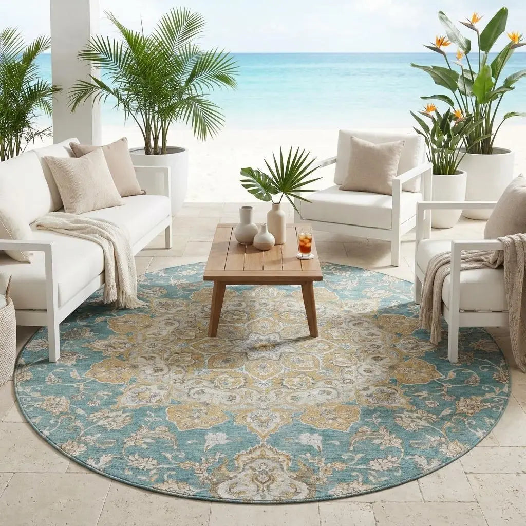8' Teal Blue And Silver Round Oriental Washable Indoor Outdoor Area Rug Homeroots Outdoor