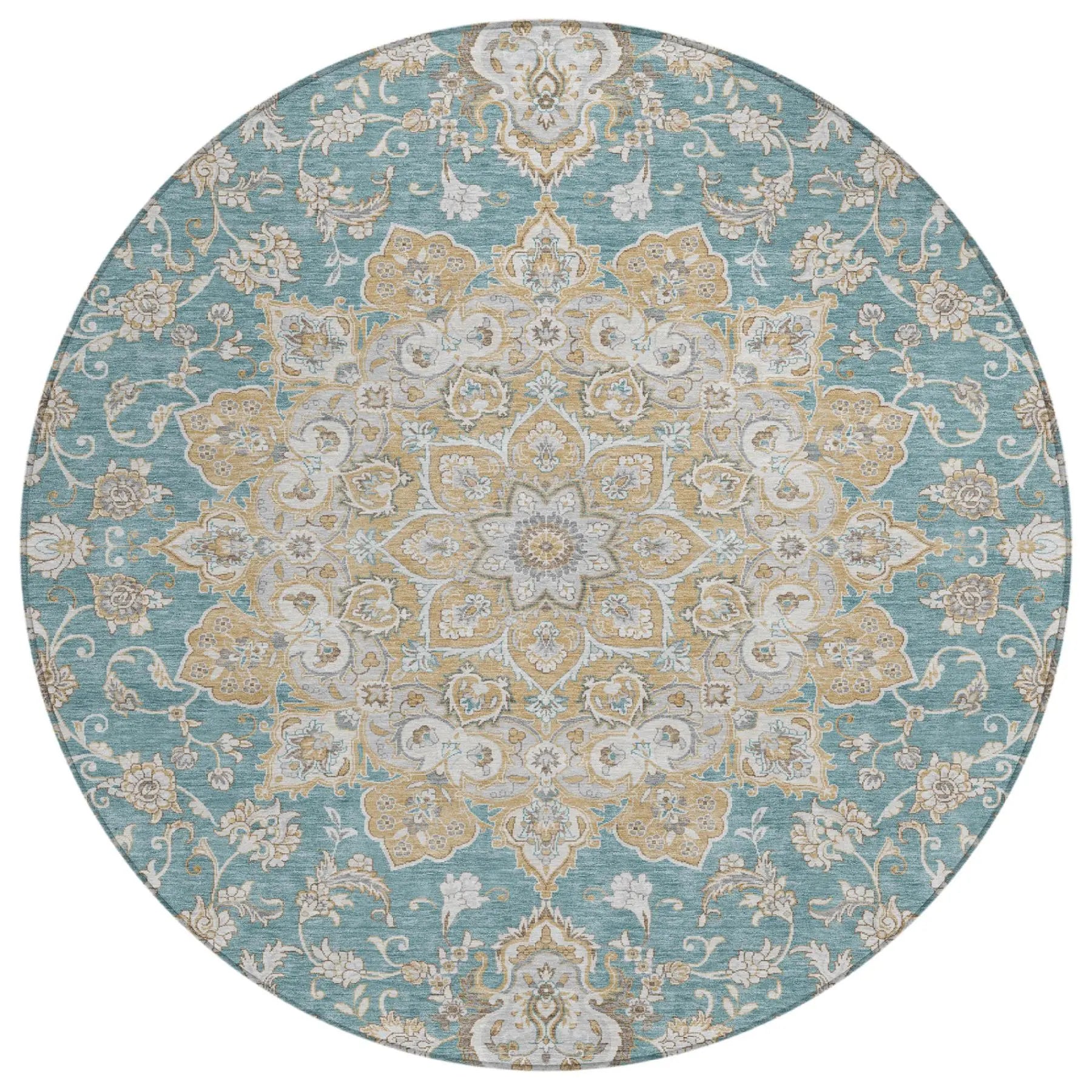 8' Teal Blue And Silver Round Oriental Washable Indoor Outdoor Area Rug Homeroots Outdoor