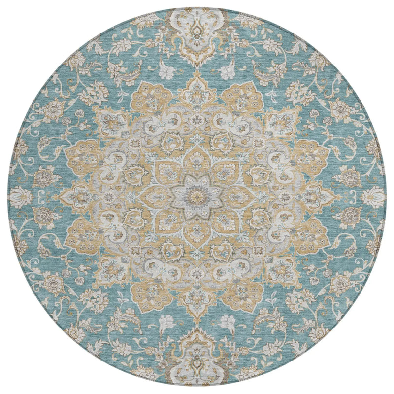 8' Teal Blue And Silver Round Oriental Washable Indoor Outdoor Area Rug Homeroots Outdoor