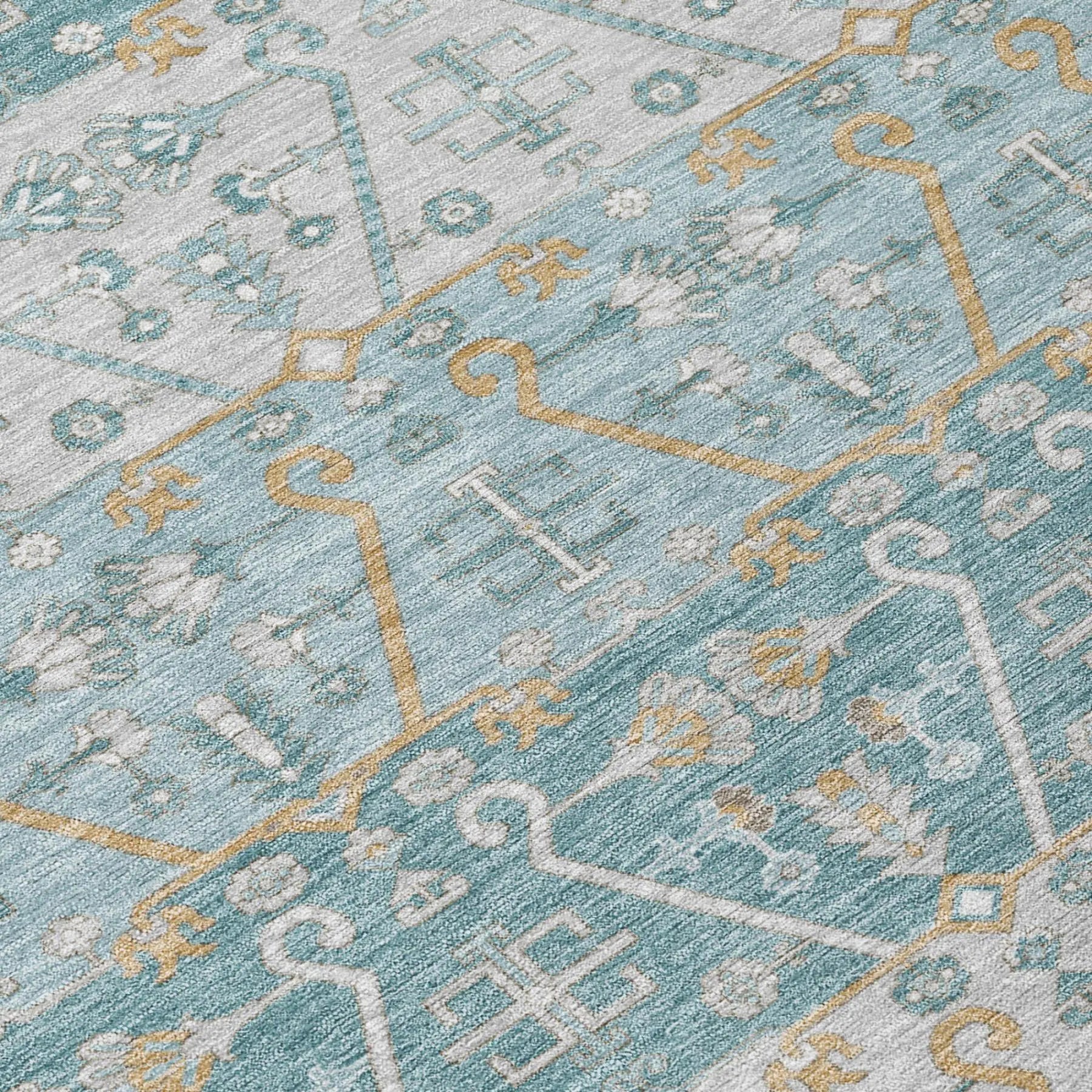 8' Teal Blue And Silver Round Oriental Washable Indoor Outdoor Area Rug Homeroots Outdoor