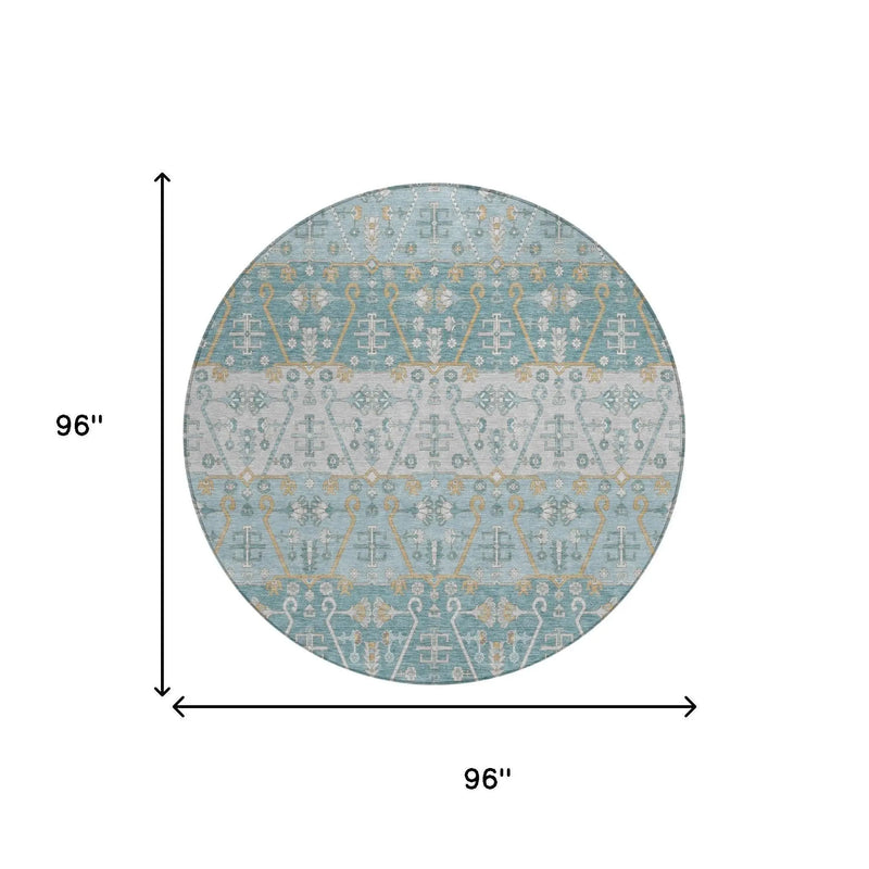 8' Teal Blue And Silver Round Oriental Washable Indoor Outdoor Area Rug Homeroots Outdoor