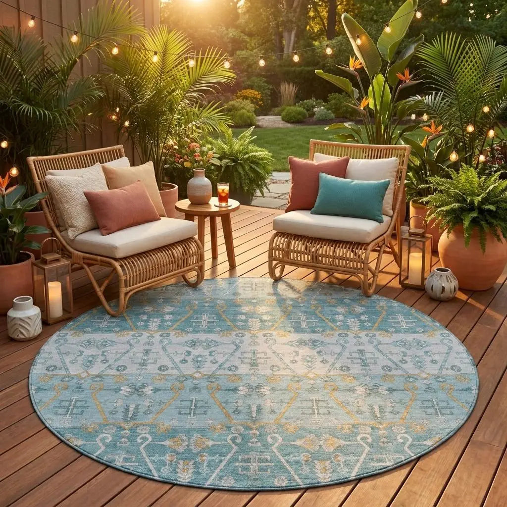 8' Teal Blue And Silver Round Oriental Washable Indoor Outdoor Area Rug Homeroots Outdoor