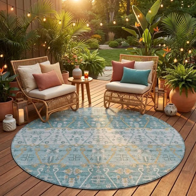 8' Teal Blue And Silver Round Oriental Washable Indoor Outdoor Area Rug Homeroots Outdoor