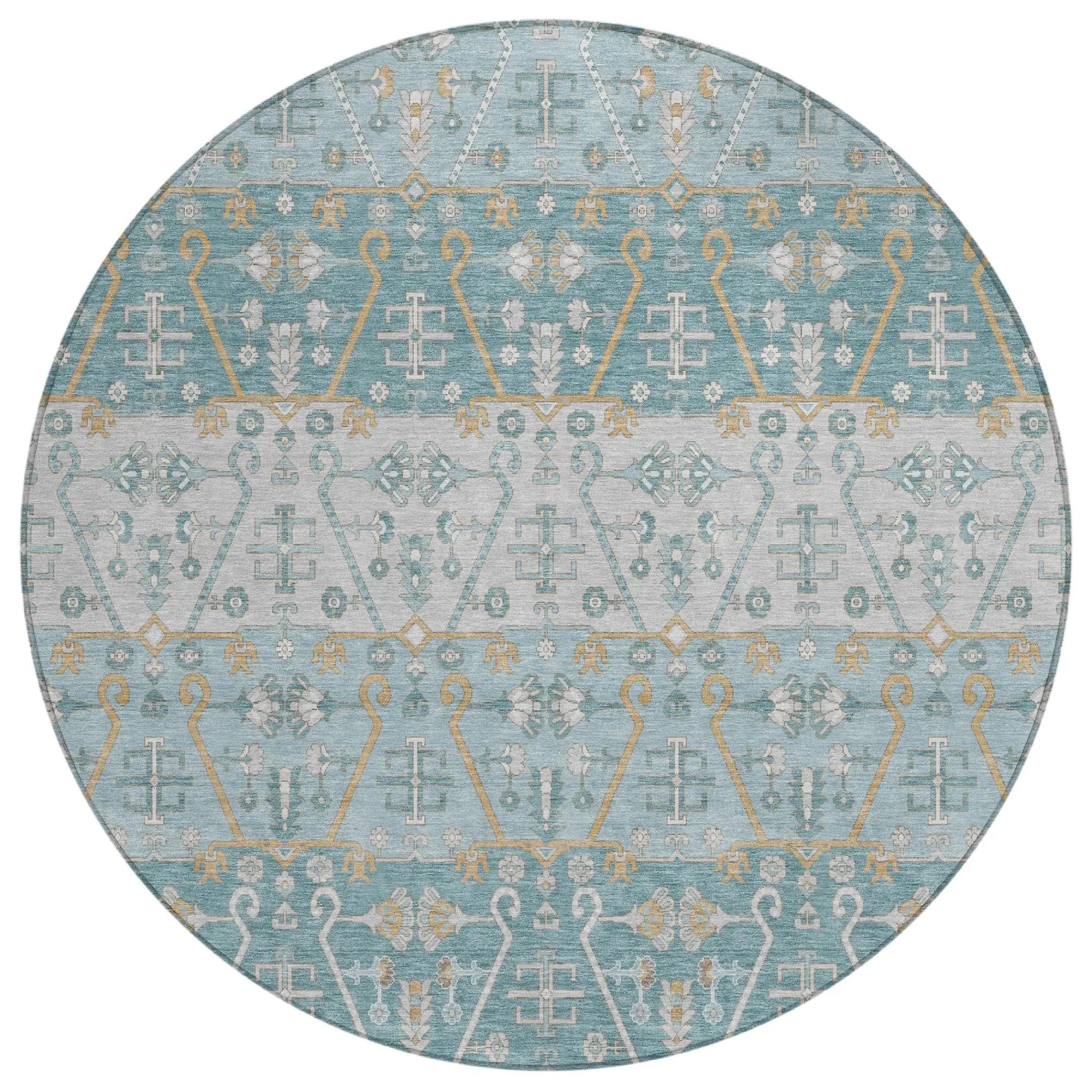 8' Teal Blue And Silver Round Oriental Washable Indoor Outdoor Area Rug Homeroots Outdoor