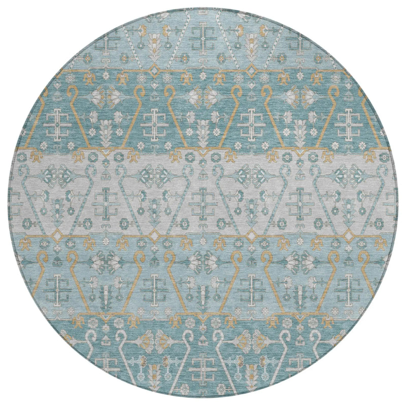 8' Teal Blue And Silver Round Oriental Washable Indoor Outdoor Area Rug Homeroots Outdoor
