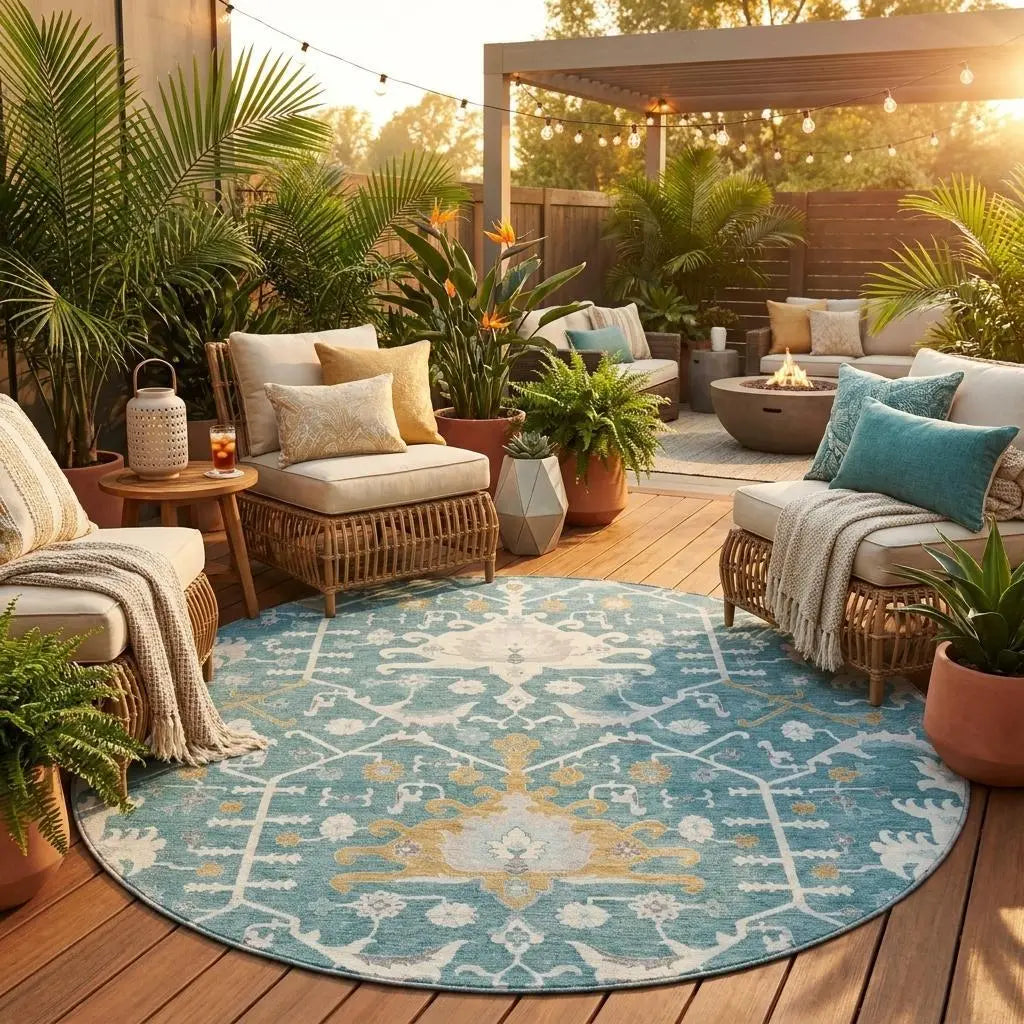 8' Teal Blue And Silver Round Oriental Washable Indoor Outdoor Area Rug Homeroots Outdoor