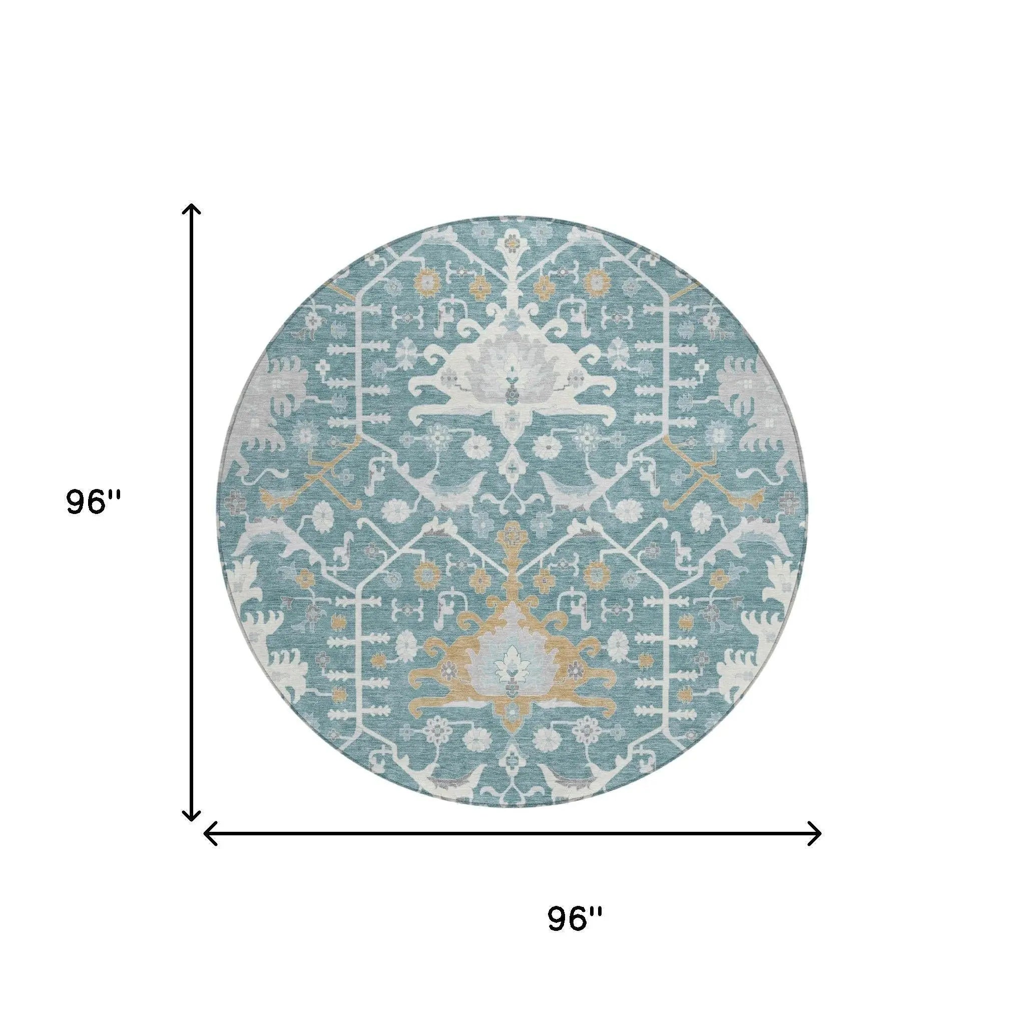 8' Teal Blue And Silver Round Oriental Washable Indoor Outdoor Area Rug Homeroots Outdoor