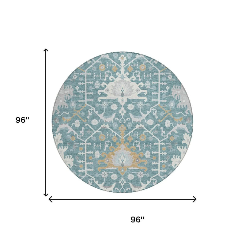 8' Teal Blue And Silver Round Oriental Washable Indoor Outdoor Area Rug Homeroots Outdoor