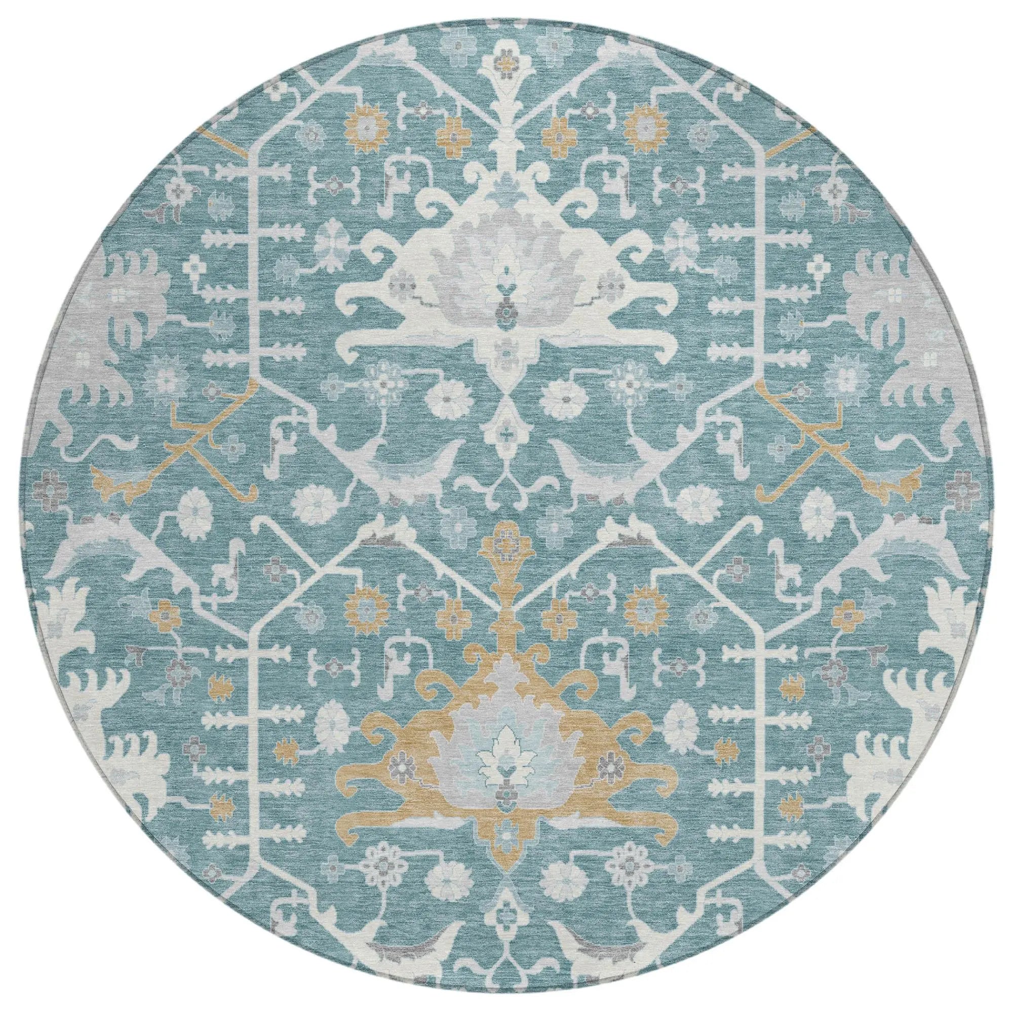 8' Teal Blue And Silver Round Oriental Washable Indoor Outdoor Area Rug Homeroots Outdoor