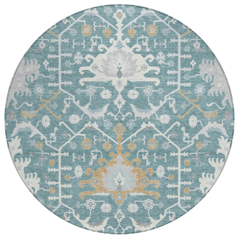 8' Teal Blue And Silver Round Oriental Washable Indoor Outdoor Area Rug Homeroots Outdoor