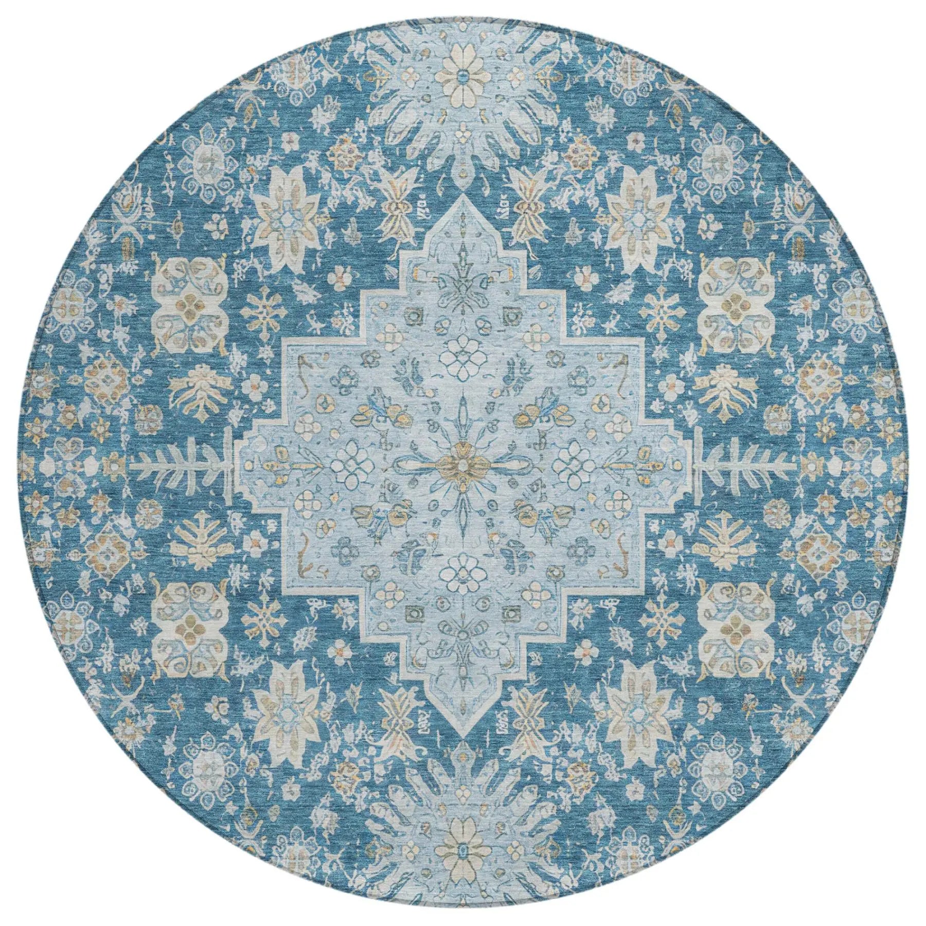8' Teal Blue And Silver Round Oriental Washable Indoor Outdoor Area Rug Homeroots Outdoor
