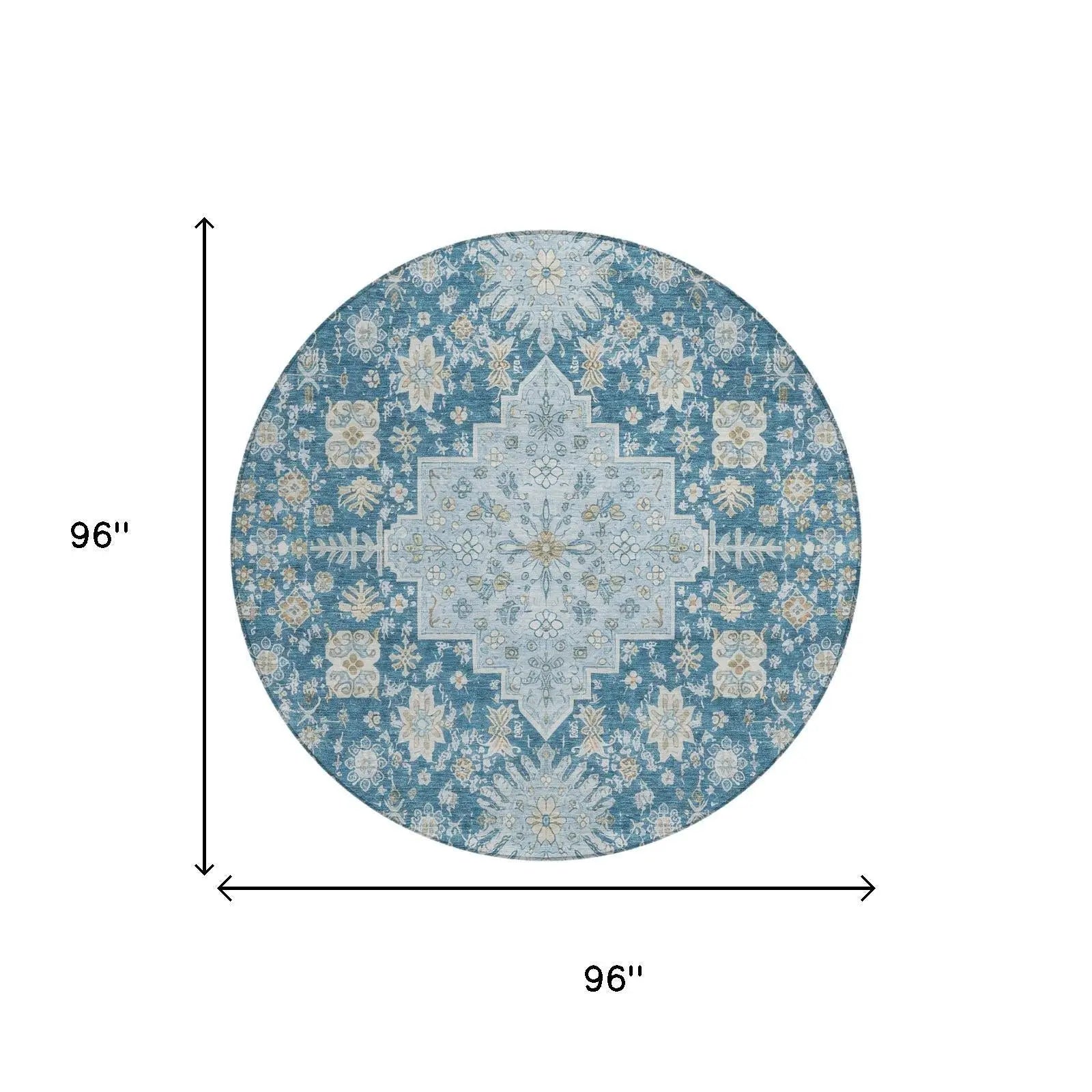 8' Teal Blue And Silver Round Oriental Washable Indoor Outdoor Area Rug Homeroots Outdoor